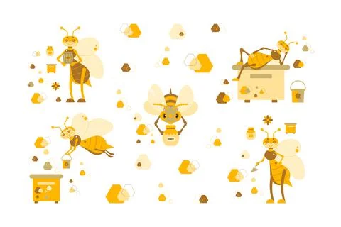 Set of posters with bees and design elements, badges, labels related to the Stock Illustration
