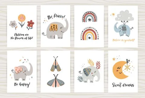 Set of posters with cute elephants and items. Stock Illustration