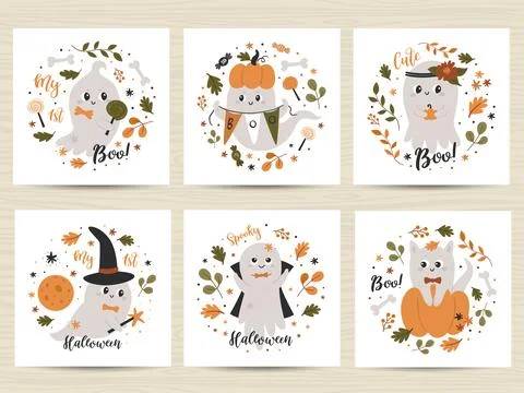 Set of posters with cute ghosts. Stock Illustration