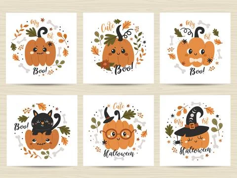 Set of posters with cute pumpkins. Stock Illustration