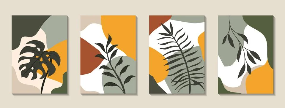 Set of posters with elements of tropical leaves and abstract shapes Illustrazione stock