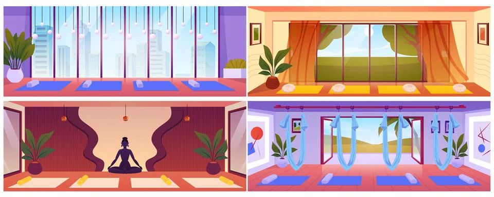 A set of posters featuring empty yoga studio interiors with panoramic windows Ilustración de archivo