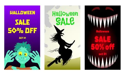A set of posters featuring a witch, a zombie, and a sinister smile. Gradient Stock Illustration