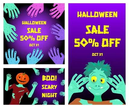 A set of posters featuring zombies, a pumpkin, and hands. Dark purple backgr Stock Illustration