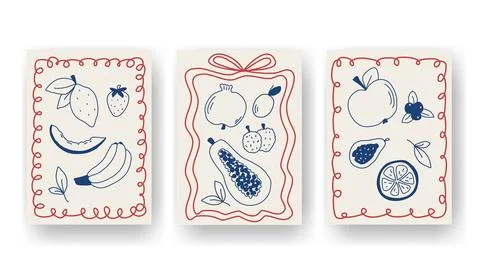 Set posters with fruit and whimsical frames in Mediterranean style Stock Illustration