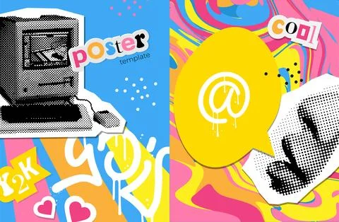 Set of posters with grunge collage elements. Retro banner template with old PC Stock Illustration