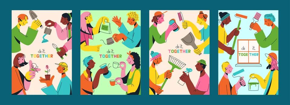 Set of posters with multicultural team of young people flat vector illustrati Stock Illustration