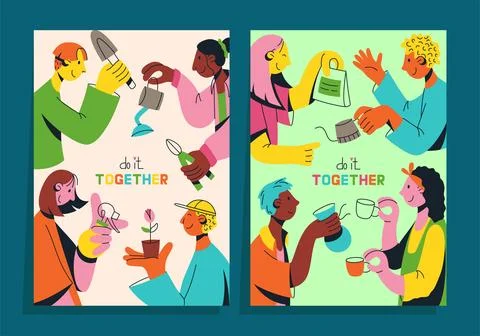 Set of posters with multicultural team of young people flat vector illustra.. Stock Illustration