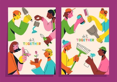 Set of posters with multicultural team of young people flat vector illustra.. Stock Illustration