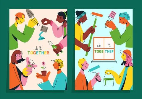 Set of posters with multicultural team of young people flat vector illustrati Stock Illustration