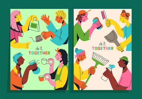 Set of posters with multicultural team of young people flat vector illustrati Stock Illustration