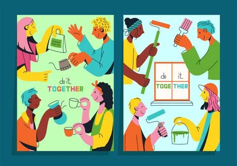 Set of posters with multicultural team of young people flat vector illustra.. Stock Illustration