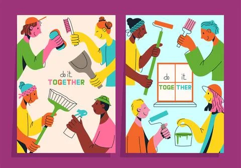 Set of posters with multicultural team of young people flat vector illustrati Stock Illustration