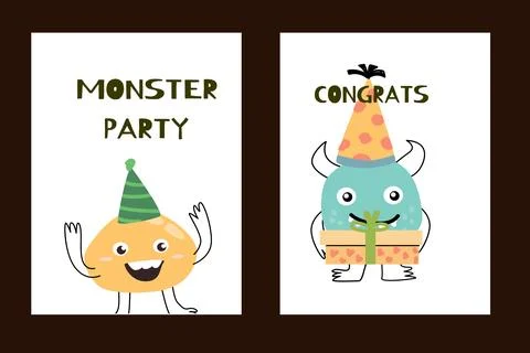 Set of posters or cards with cute monsters for party Stock Illustration