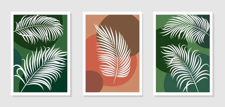 Set of posters or paintings with elements of tropical palm leaves Stock Illustration