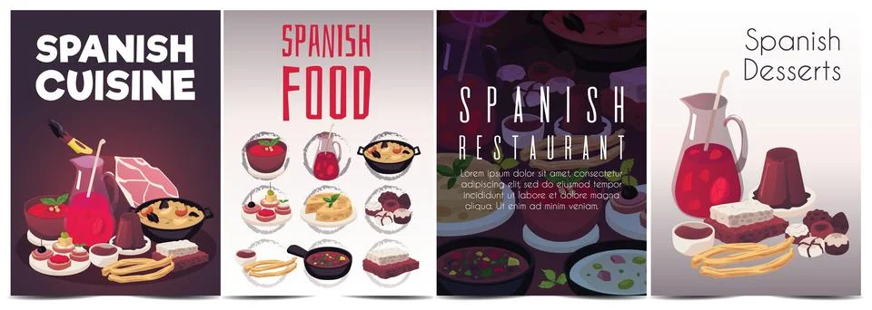 Set of posters or vertical banners about Spanish traditional food flat style Stock Illustration