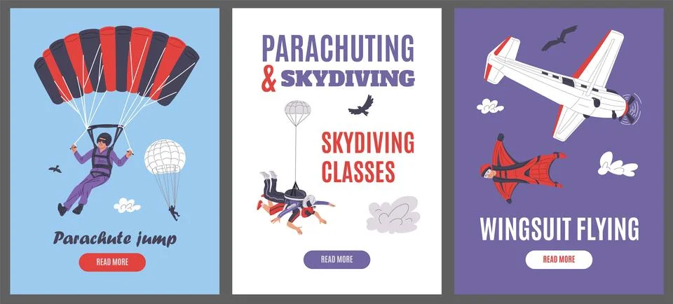 Set of posters or vertical banners about parachuting and skydiving flat style Illustrazione stock