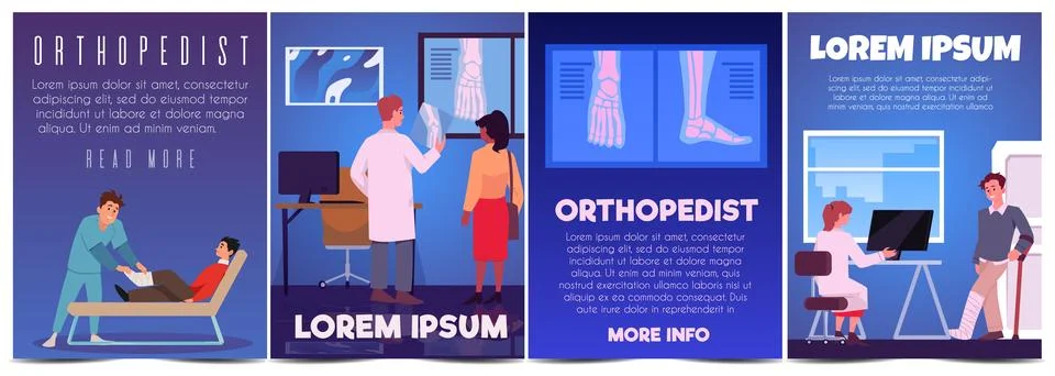Set of posters or vertical banners about orthopedist doctor work Stock Illustration