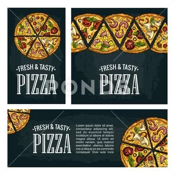 Set posters poster slice pizza Pepperoni, Hawaiian, Margherita, Mexican, Se.. Stock Illustration