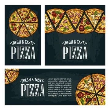Set posters poster slice pizza Pepperoni, Hawaiian, Margherita, Mexican, Se.. Stock Illustration