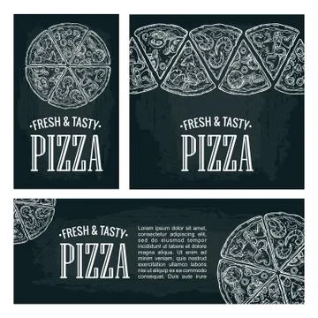 Set posters poster slice pizza Pepperoni, Hawaiian, Margherita, Mexican, Se.. Stock Illustration