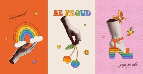 Set of posters for Pride Month. Halftone collage with images of rainbow, clouds Stock Illustration