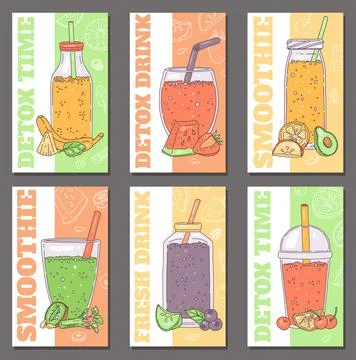 Set of posters with various drinks in bottles, glasses for detox menu in sketch Ilustración de archivo