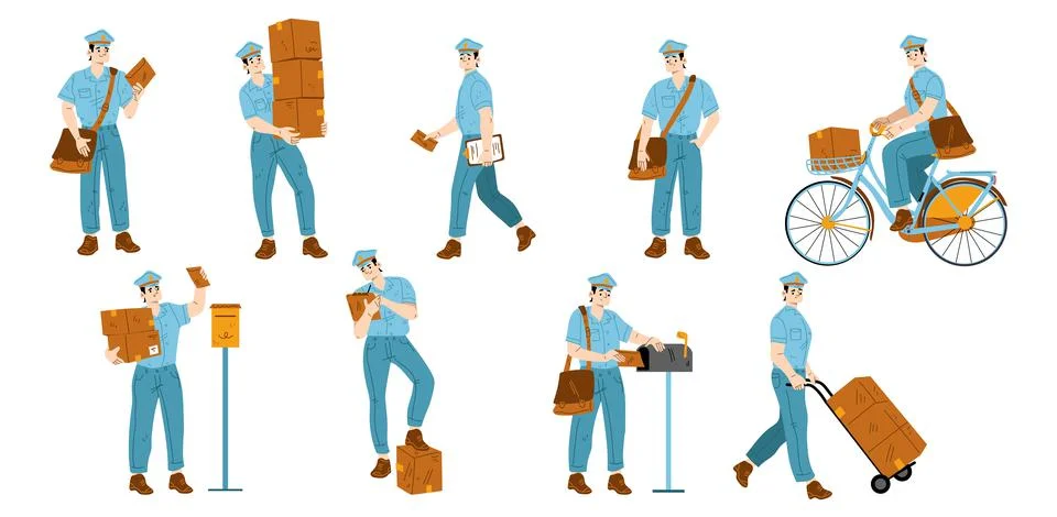 Set of postman characters delivering mail Illustration