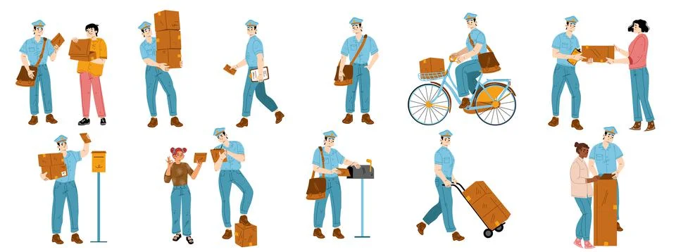 Set of postman characters delivering mail Illustration