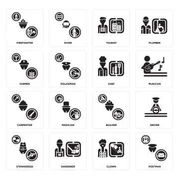 Set of Postman, Clown, Stewardess, Builder, Carpenter, Chef, Farmer, Tourist, Free Stock Illustration