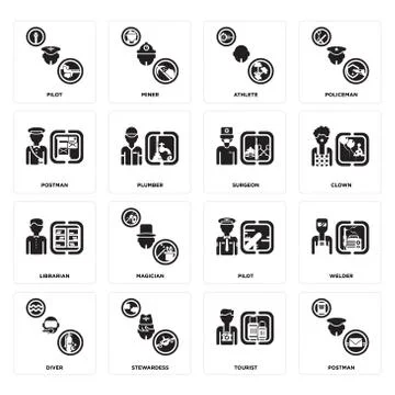 Set of Postman, Tourist, Diver, Pilot, Librarian, Surgeon, Athlete, Pilot ico Free Stock Illustration