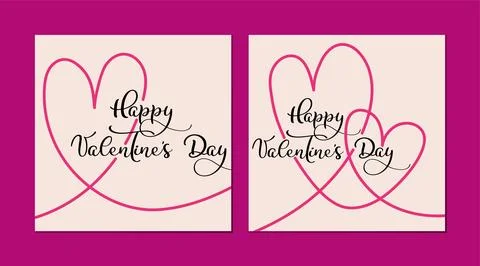Set of posts, greeting cards. Hearts drawn in one line, lettering Stock Illustration