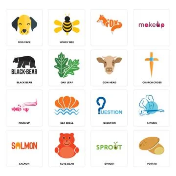 Set of potato, sprout, salmon, question, make up, cow head, black bear, , dog Illustrazione stock gratuita