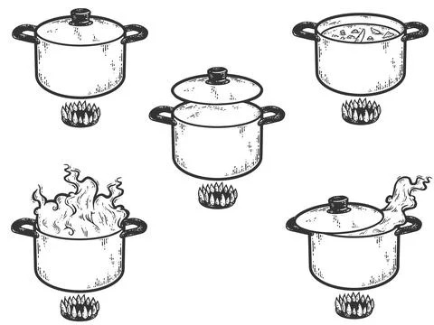 Set of pots on fire. Sketch scratch board imitation color. Stock Illustration