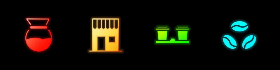 Set Pour over coffee maker, Coffee shop, cup to go and beans icon. Vector Ilustración de archivo