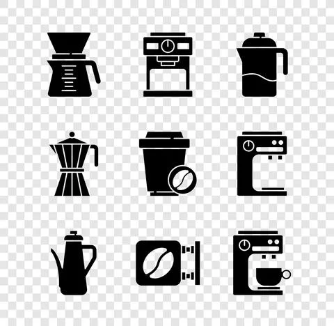 Set Pour over coffee maker, Coffee machine, French press, Teapot, Street Ilustração Stock