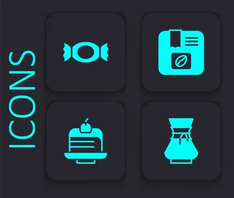 Set Pour over coffee maker, Candy, Bag beans and Piece cake icon. Black square Stock Illustration