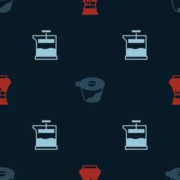 Set Pour over coffee maker, and French press on seamless pattern. Vector Stock Illustration