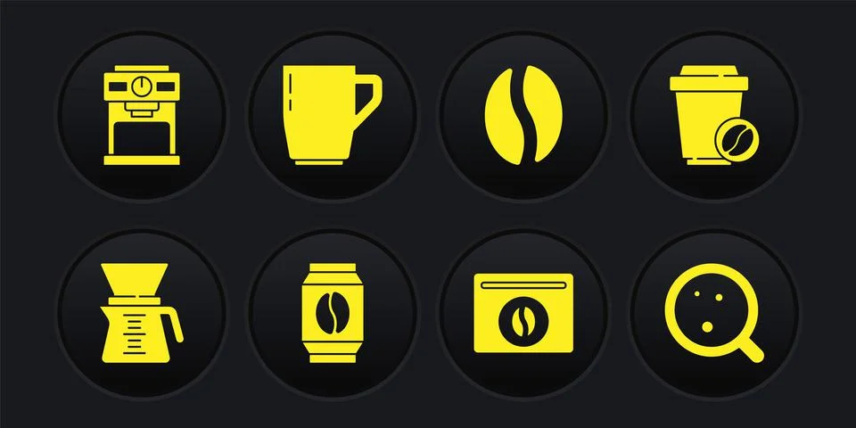 Set Pour over coffee maker, Coffee cup to go, Bag beans, and machine icon Ilustración de archivo