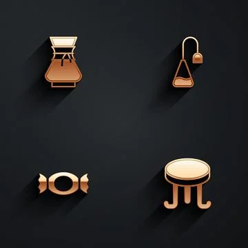 Set Pour over coffee maker, Tea bag, Candy and Coffee table icon with long Ilustração Stock