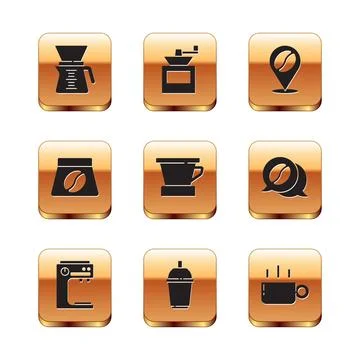 Set Pour over coffee maker, Coffee machine, cup to go, V60, Bag beans, Location Ilustração Stock