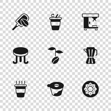 Set Pour over coffee maker, Coffee moca pot, Donut, beans, machine, Spatula.. Ilustração Stock