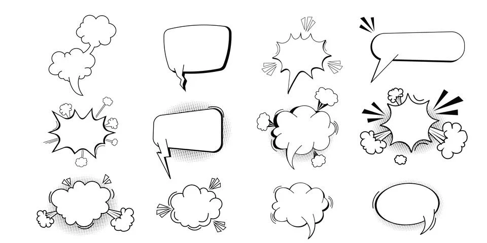 Set pow bubble speech comic expression frame cartoon doodle isolated on white Stockillustratie