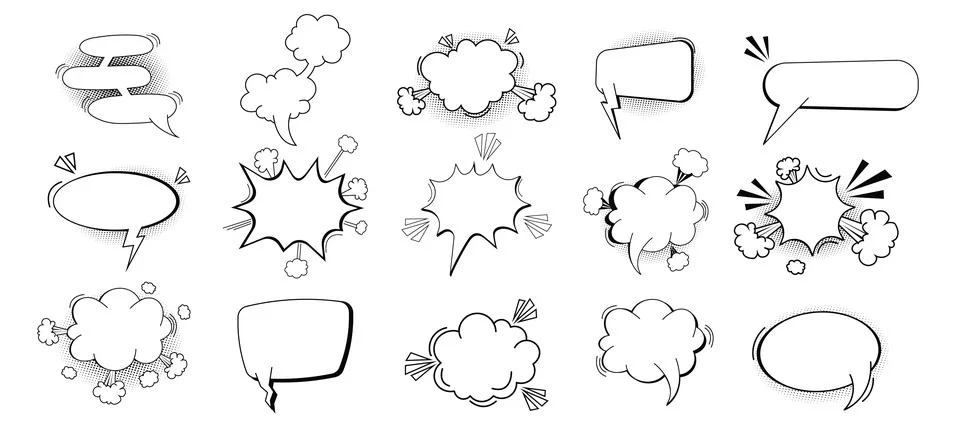 Set pow bubble speech comic expression frame cartoon doodle isolated on white Stock Illustration