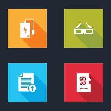 Set Power bank, 3D cinema glasses, Upload file and Micro SD memory card icon. Stock Illustration