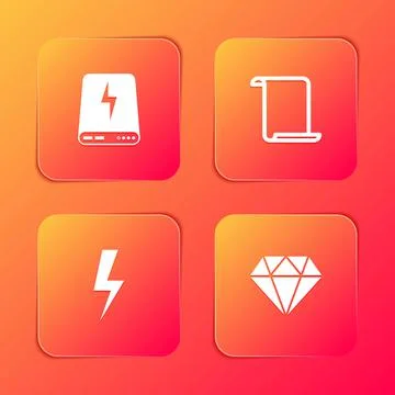 Set Power bank, Paper scroll, Lightning bolt and Diamond icon. Vector Stock Illustration