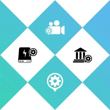 Set Power bank setting, Setting, Video camera and Bank building icon. Vector Ilustración de archivo