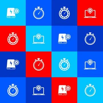 Set Power bank setting, Stopwatch, Time management and Laptop icon. Vector イラスト素材