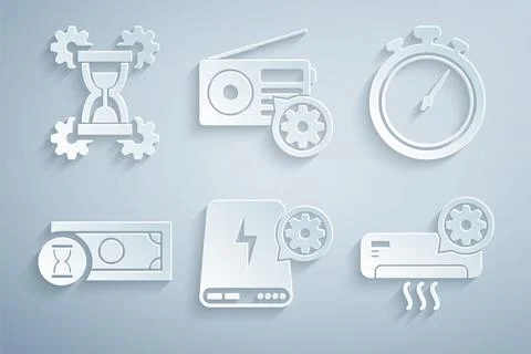 Set Power bank setting, Stopwatch, Fast payments, Air conditioner, Radio and Stock Illustration