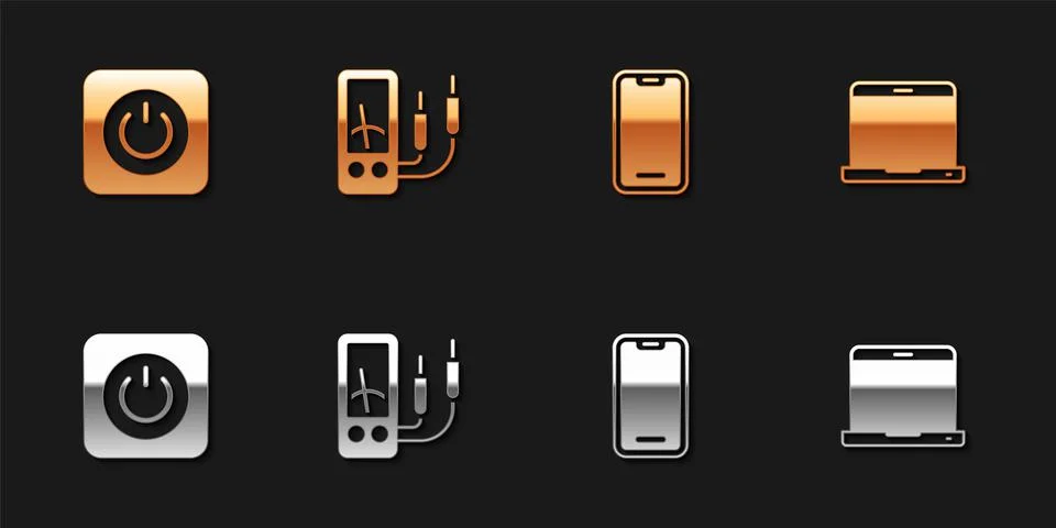 Set Power button, Ampere meter, multimeter, Mobile phone and Laptop icon. Vec Stock Illustration